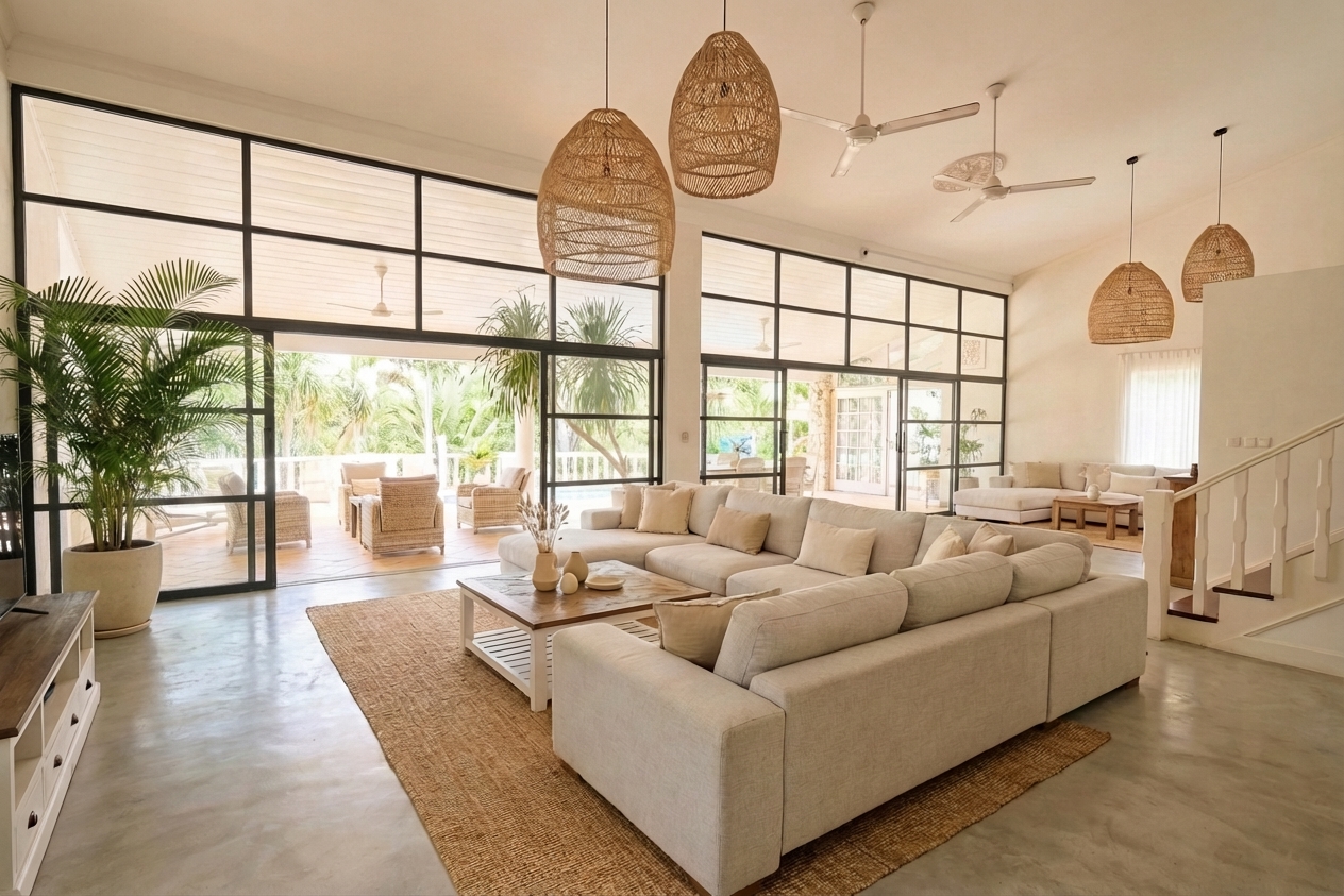 Renovatievisie: woonkamer met grote sofa, rattan hanglampen en stalen kozijnen