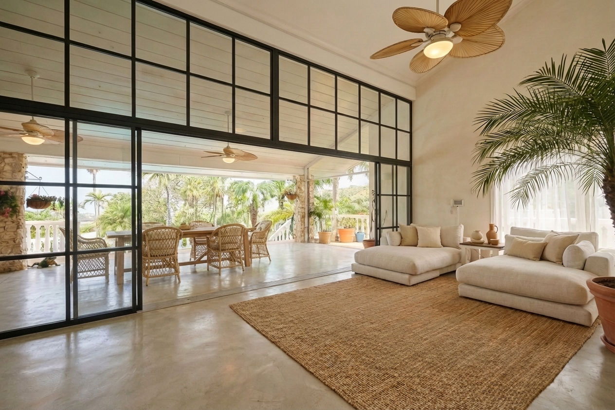 Renovatievisie: lounge met stalen kozijnen en glazen wand naar terras