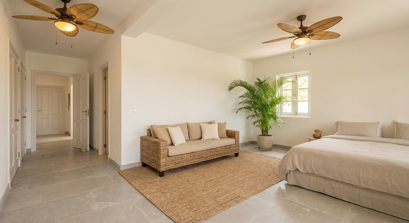 Renovatievisie: slaapkamer met kingsize bed en tropische sfeer